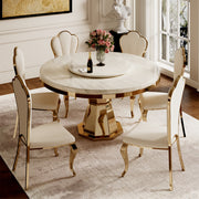 Luxurious Round Dining Table with Lazy Susa Ceramic Top Elegant Gold Accents Conical Base for 4-6 People